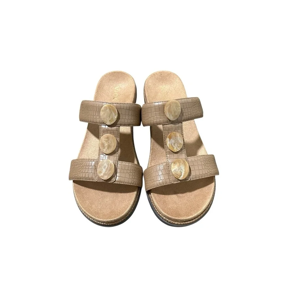 Vionic Women's Serra‎ Slide Sandal Size 9 WIDE Tan T-Strap Slip-on Supportive